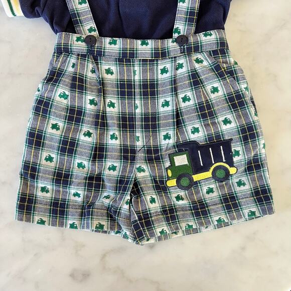 Vintage Y2K Baby Boy Truck Appliqué Plaid Overalls and Polo Outfit / 12 Months - Picture 2 of 9